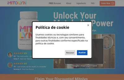 Exemplo de página de presell simulando aviso de cookies